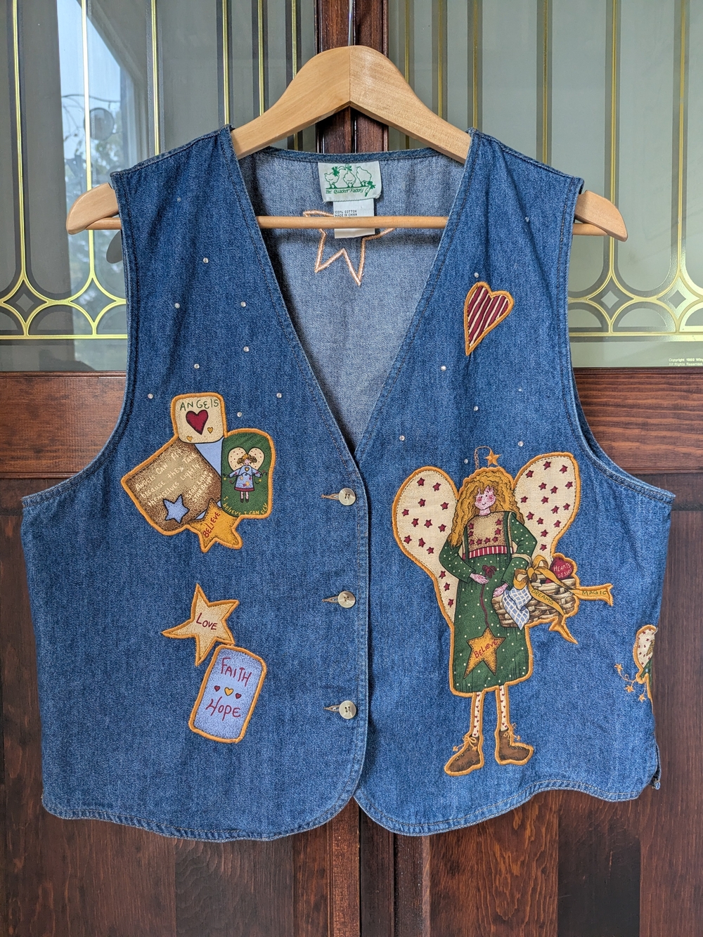 Quacker Factory Blue Denim Vest with Angel and Patchwork Appliqués
